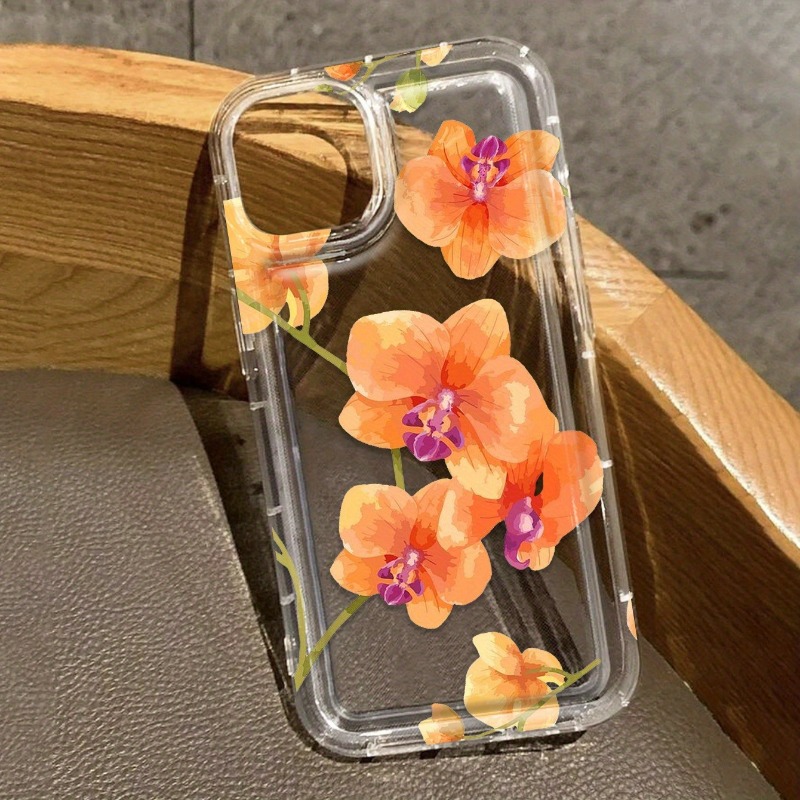 TEMU Phone Case: An Orange Floral Pattern Transparent Tpu Air Cushion Drop-proof Soft Phone Case, Suitable For Iphone 11, 12, 13, 14, 15, 16, 17, Xs,