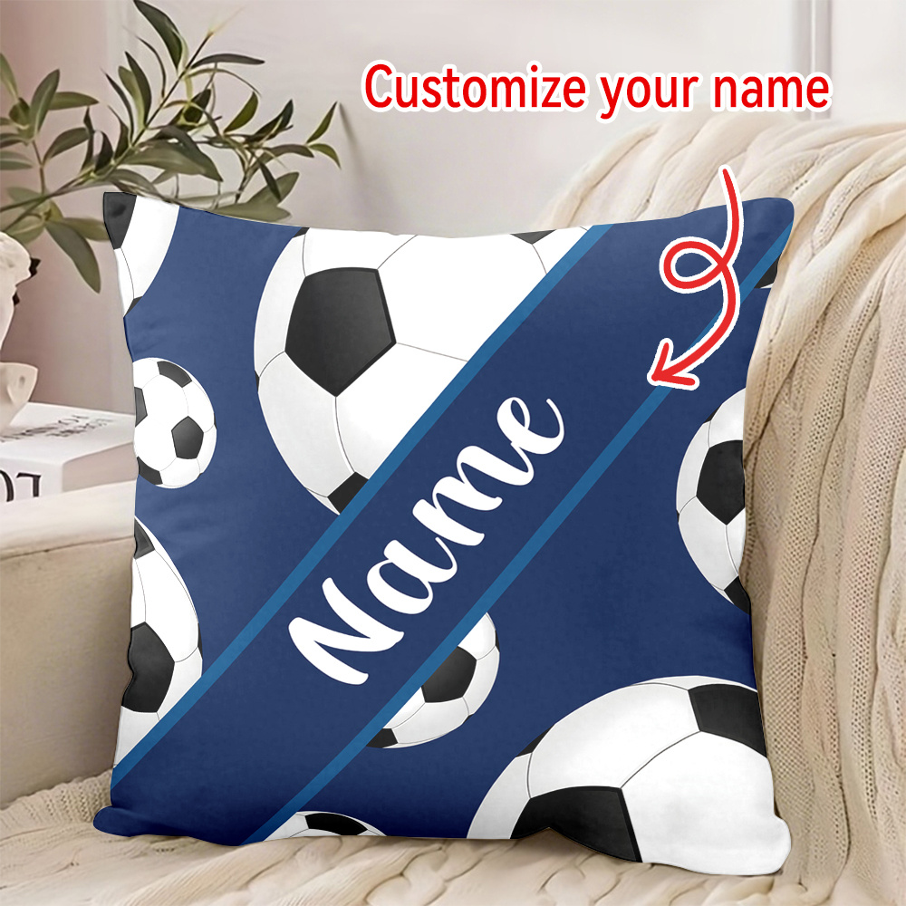 TEMU 1pc Custom Soccer Personalized Name/photo Pillow - Decorative Throw Cushion With Zipper Closure, Navy Footballs Design, Custom Text/photo,