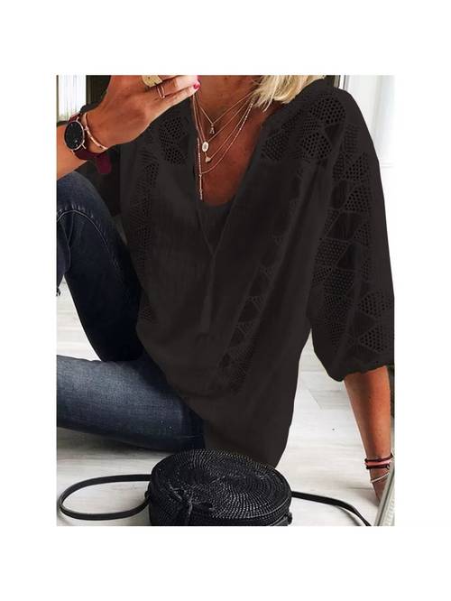 plus size womens 3 4 sleeve cotton lined tunic neck casual loose fit shirt with geometric eyelet detailing high quality autumn tee for layering or outfits l 5xl relaxed asymmetrical design machine washable