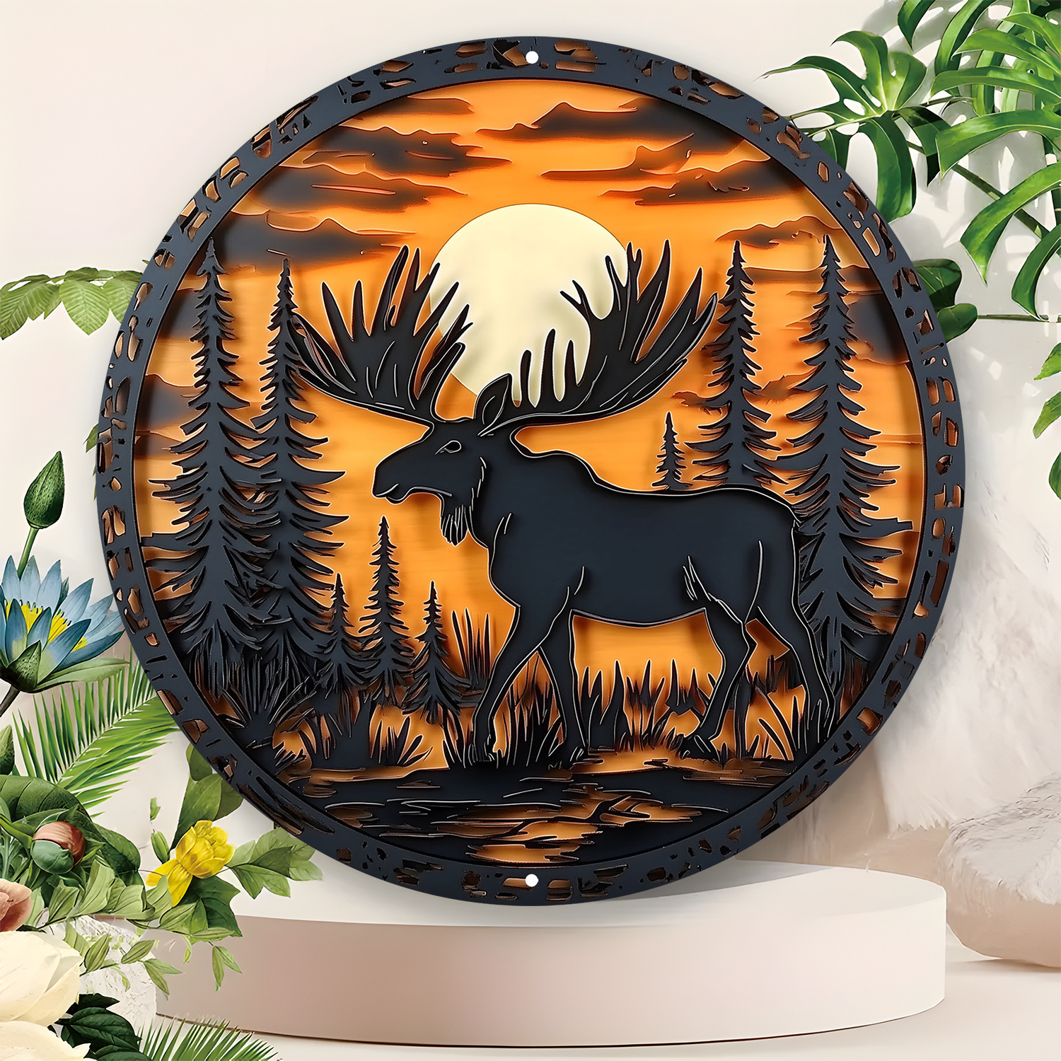 

2d Flat, Vintage Moose Round Aluminum Wall Art - 8x8 Inch Forest Scene With Sunset & , , Living Room, Bedroom, Bar, , Room Decor