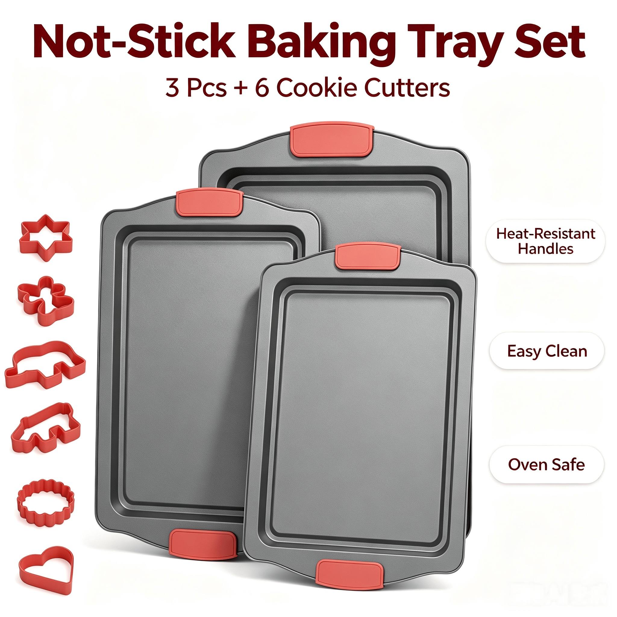 TEMU 3-pack Carbon Steel Baking Trays Set, 3 Sizes 35x23cm/ 40x26cm/ 45x30cm Oven Baking Sheets With Heat-resistant Silicone Handles, Dishwasher-safe