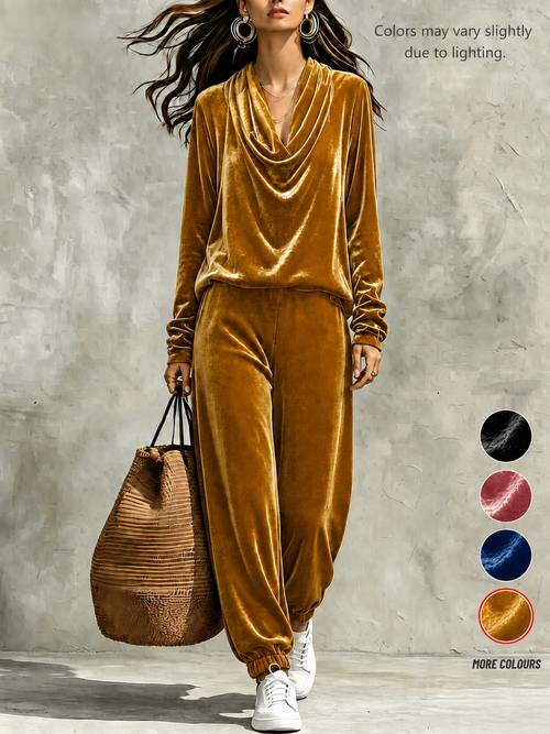 item picture womens autumn winter velvet two piece set scoop neck v neck long sleeve top and elastic waist ankle cinching pants