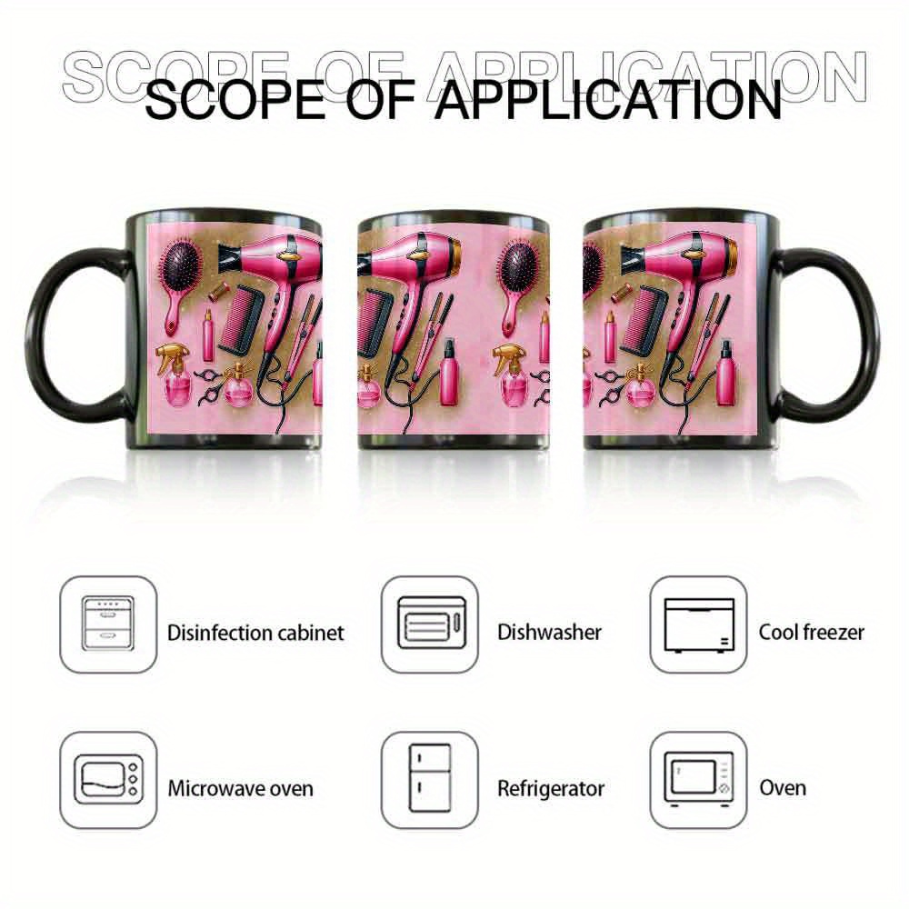 ceramic mug designed for hair salons featuring a heat resistant hair dryer and scissors   with pink hair styling tools a perfect gift for hairstylists barbers and clients this microwave safe coffee cup is ideal for your beverage needs 1