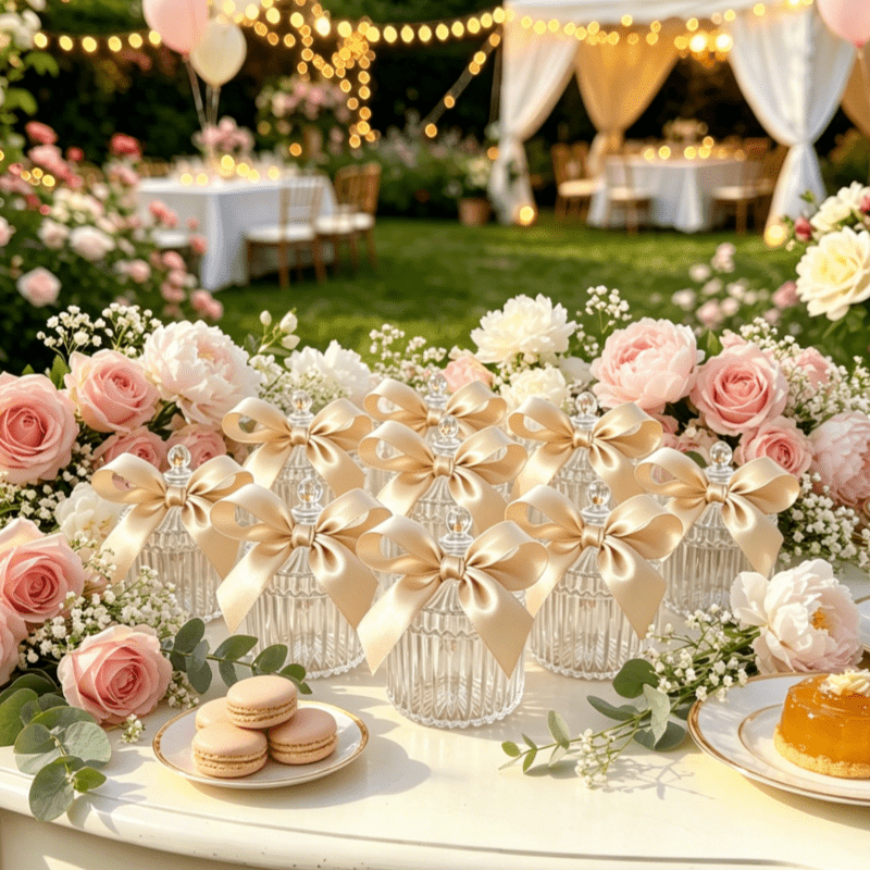 TEMU Gift For Her/him 10sets Champagne-golden Big Bow Vertical Texture Wedding Favor Jars, Rustic Boho Romantic Gift Containers, Perfect For Backyard