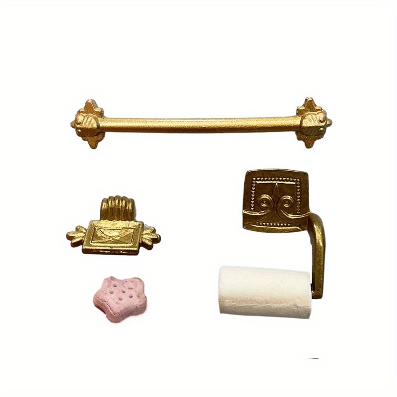 Image of Set Of 4 Miniature Bathroom Additions For A Dollhouse, Including A Toilet, Towel Rack, Paper Towel, And Soap