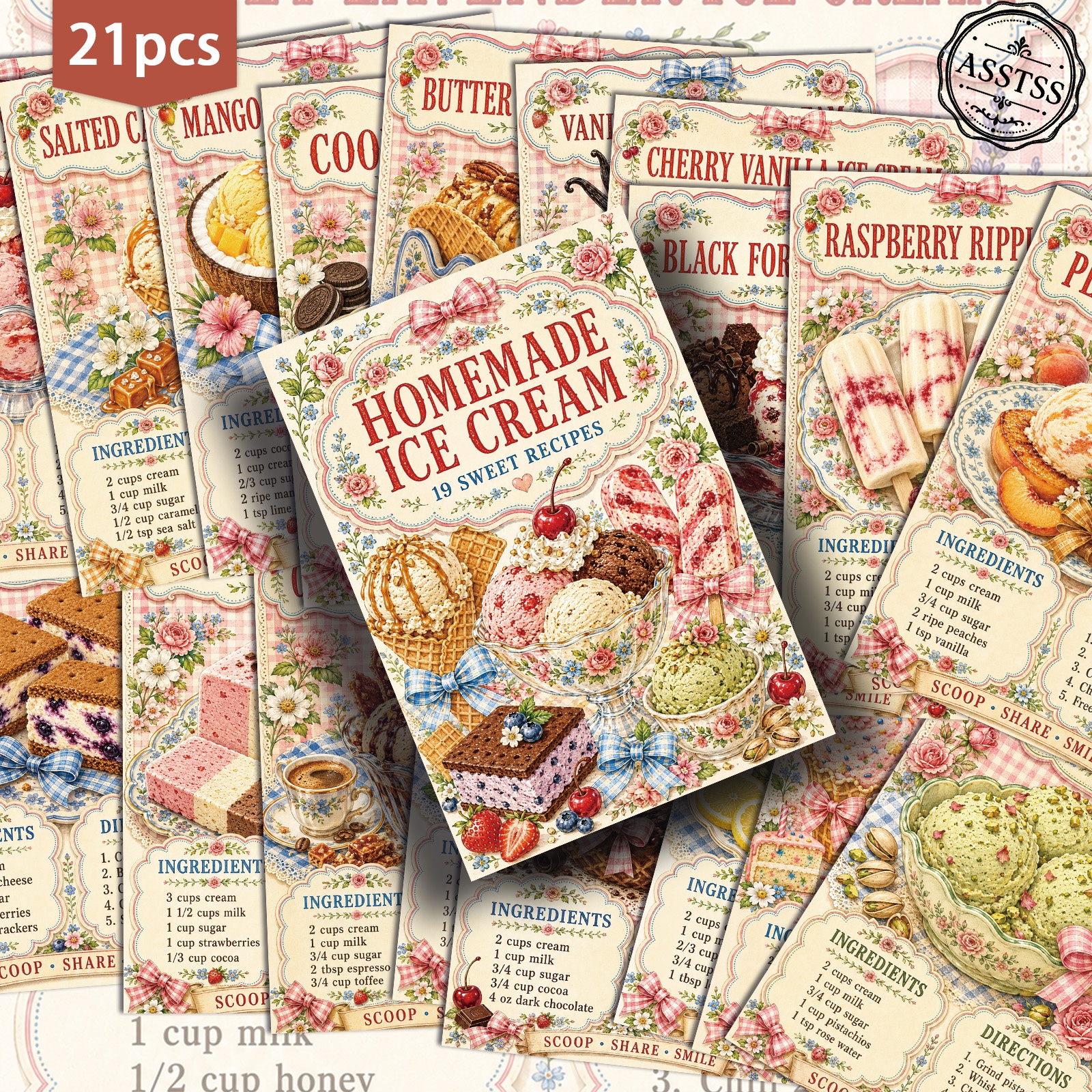 TEMU 21-pack Asstss Vintage Homemade Ice Cream Recipe Postcards - 4x6 Inches Retro Junk Journal Supplies, Classic Pinup Illustrations Collectible