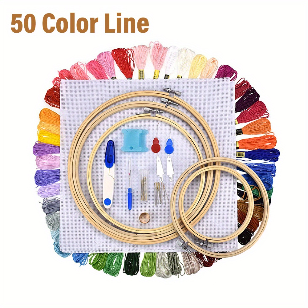 

Embroidery Kit, Polyester Embroidery Floss, 50 Colors, 5x Hoops, Sewing Pins, Scissors, Needle , Pattern Remover, Thread Winder, With Stitch Tools Set For Beginners