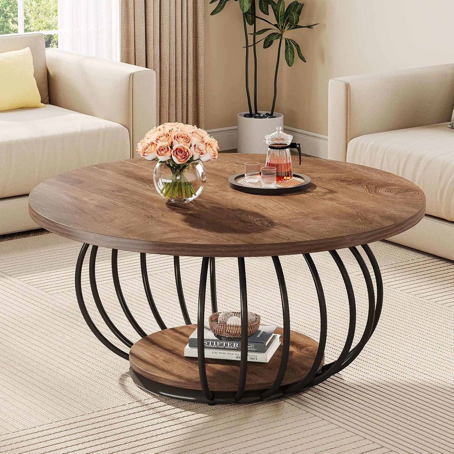 Round Coffee Table For Living Room, 39.4" Industrial Wooden 2-tier Circle Accent Center Cocktail Table With Metal Frame, Rustic