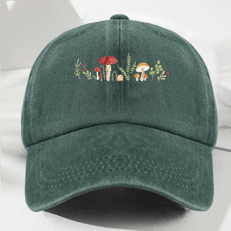 TEMU Vintage Baseball With Fantasy Mushroom And Leaf Pattern, Adjustable Zipper Closure And Curved Brim - Unisex For Outdoor Travel, Camping, Parties