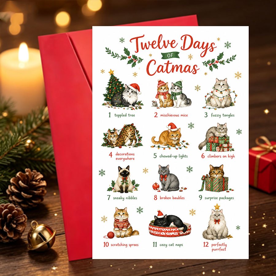 TEMU 1set Christmas Greeting Cardtwelve Days Of Catmas Greeting Card For Cat Lovers Ideal For Christmas Gifting