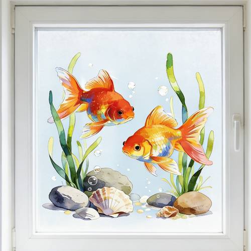 Artikelbild 1 stück statisch haftender aufkleber mit goldfisch , aufkleber mit ozean-thema, aus pet-material mit elektrostatischer haftung, wiederverwendbar, zur dekoration von glasoberflächen in balkonen, küchen badezimmern