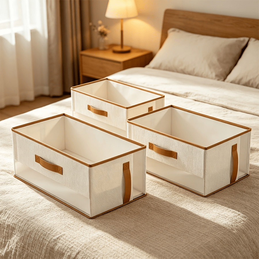 TEMU Juego de 3 cajas de almacenamiento de tela para armario, contenedores plegables de gran capacidad para guardar ropa con ventana transparente y
