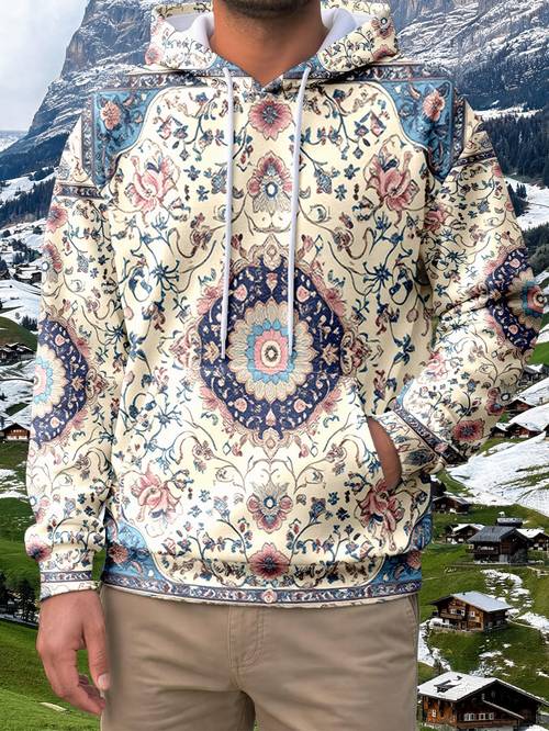 1pc persian style floral pattern mens hooded sweatshirt casual and fashionable outfit new versatile mens clothing for autumn winter sporty trendy style hoodie suitable for holiday parties