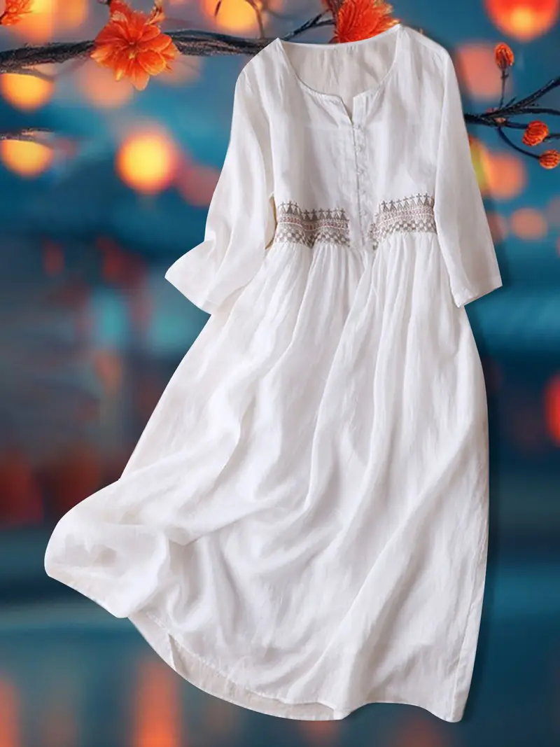 casual summer dresses with 3 4 sleeves Meichang Womens Summer Dresses 3/4 Sleeve V Neck Loose Fit Midi Dress Casual Solid Lightweight Beach Dress A-Line Swing Vacation Dresses