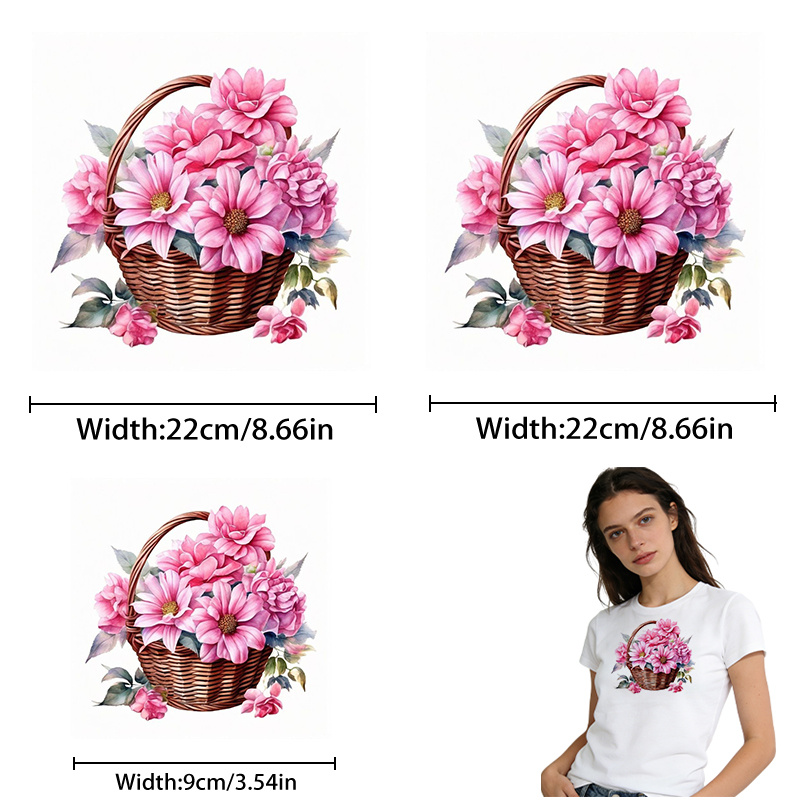 TEMU 3pcs Pink Flower Basket Heat Transfer Stickers, Ironing Decals, Durable Plastic, T-shirt Making, Pillow Decoration, - Multicolor, Durable,