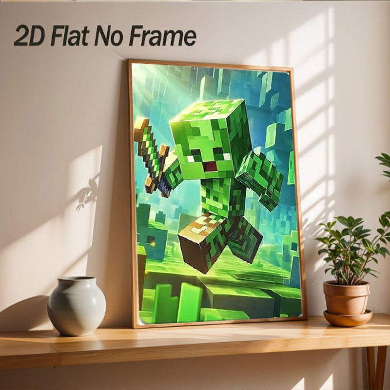 TEMU Plat 2D, 1 pièce Affiche d'art sur toile cadre 2D/Plat ; de grimpant vert pixélisé dans une de course dynamique, avec un fond de paysage de