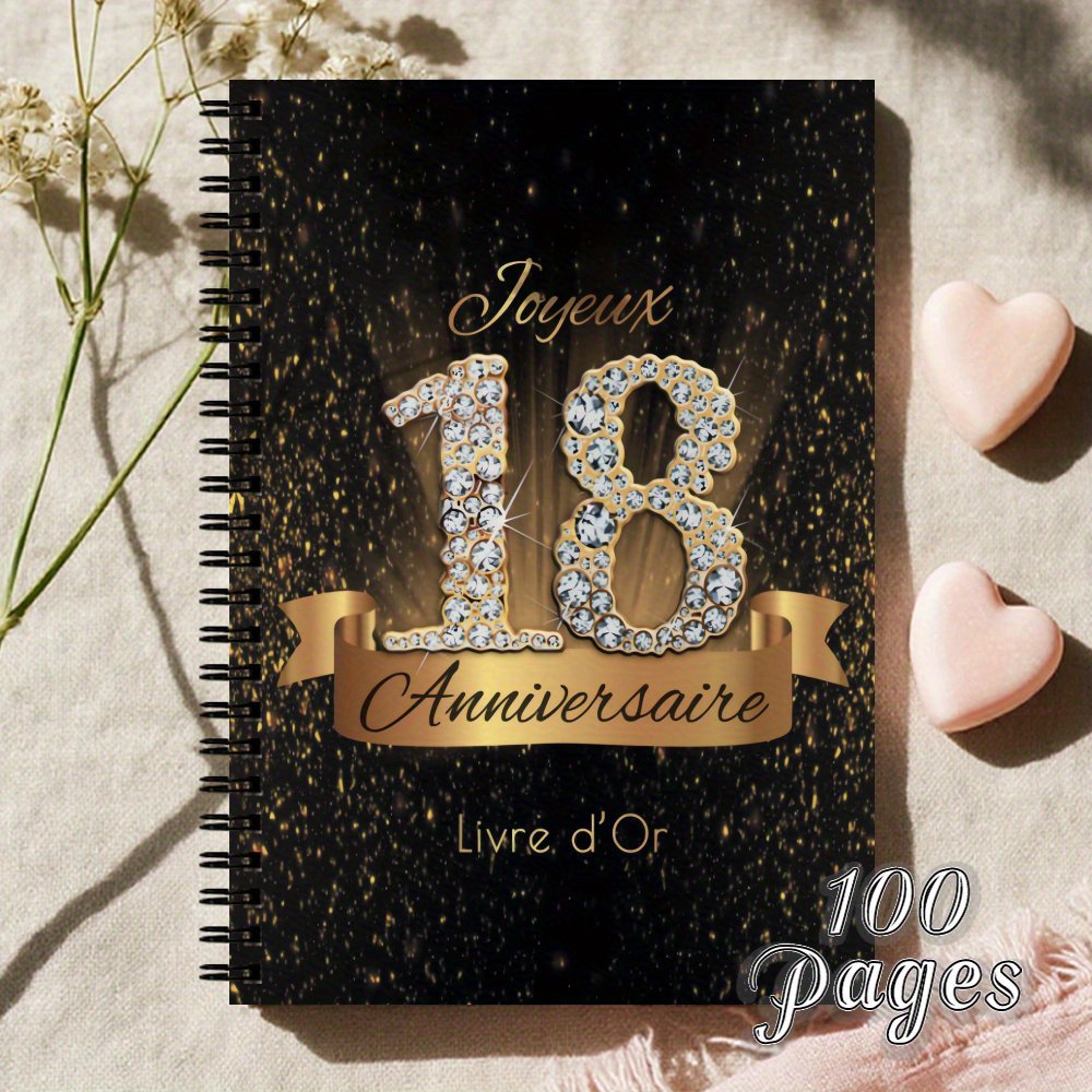 TEMU Carnet à spirale 1 pièce édition française à paillettes noires et dorées pour 18e anniversaire, 'or pour fêtes, journal de souvenirs unique,
