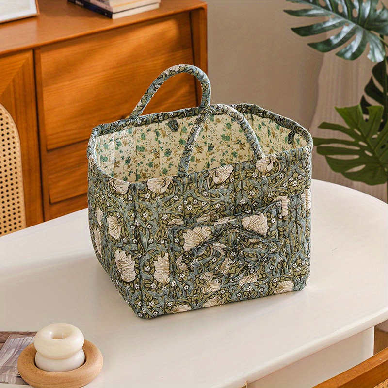 TEMU Vintage Floral Fabric Storage Basket | Large Capacity Multipurpose Organizer With Handles, French Country Style, Rectangular Design For Home,