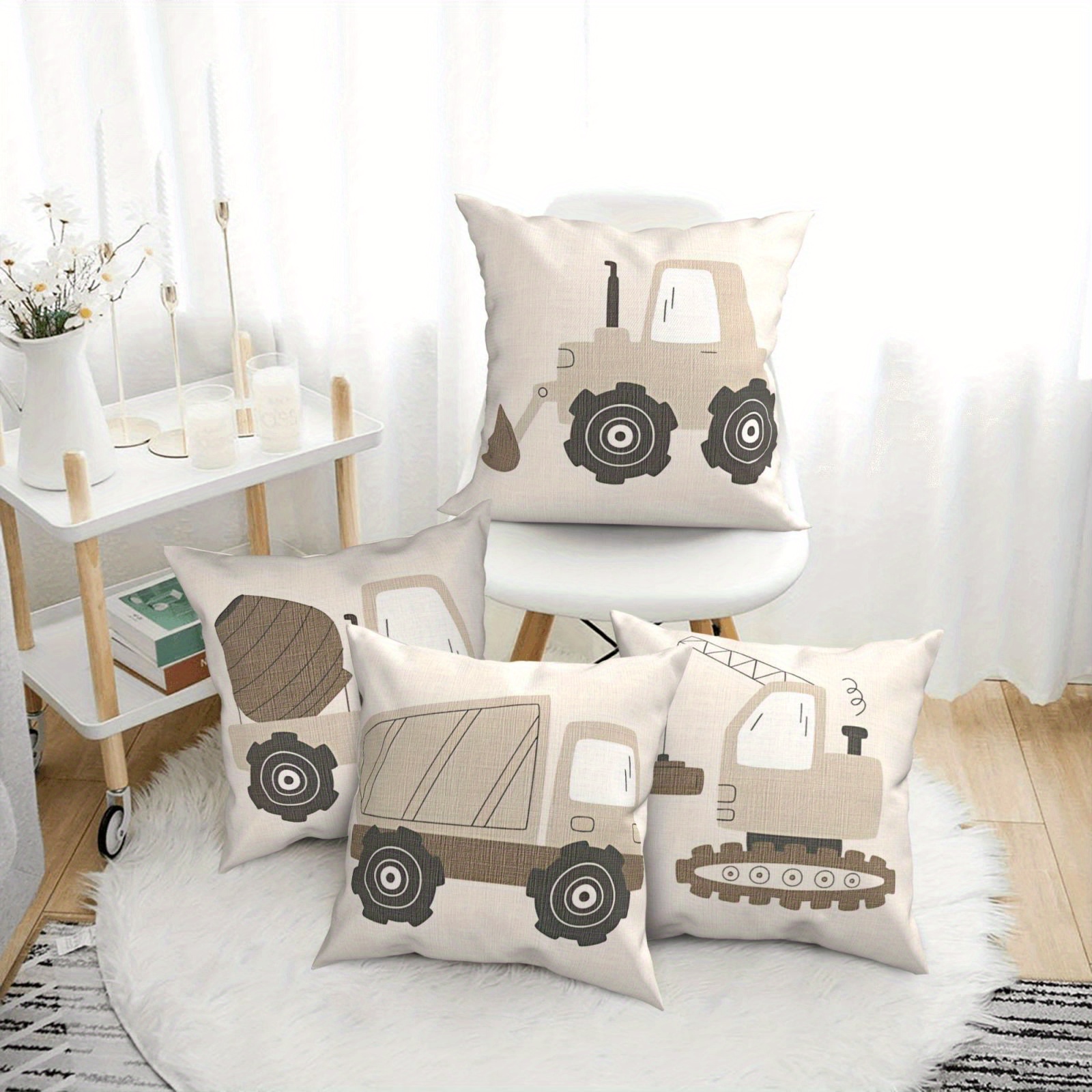 

4pcs Construction Vehicle Throw Pillow Covers For - Soft , One-sided Print, Zippered, Machine Washable Cushion Cases For Sofa, Couch, Bed - Neutral Colors, Home Decor (no Inserts)