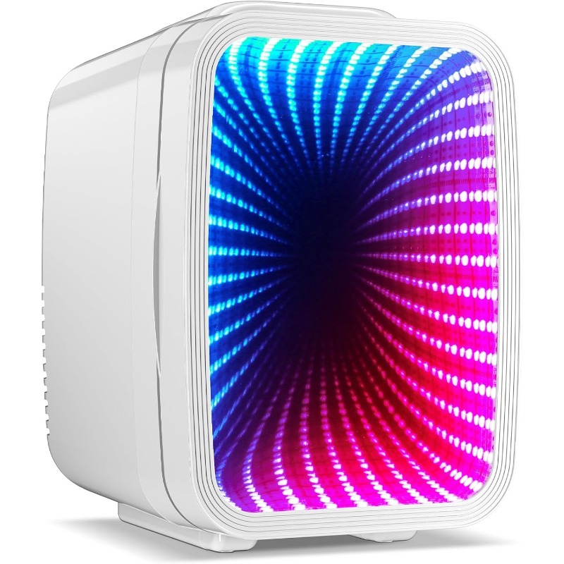 Mini Fridge 4 Liter 6 Cans Small Refrigerator with Dimmable LED Light AC DC Portable Thermoelectric Cooler and Warmer Gaming Mini Fridge for Bedroom Office Gaming Room and Car White