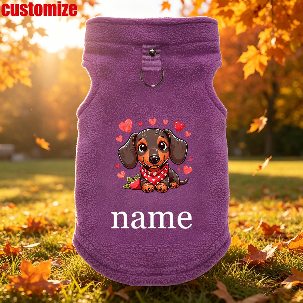 TEMU Personalized Customizable Name Pet Clothing, Cartoon Dachshund Pattern Surrounded By Hearts, Cute And , With Lead Clip For Convenient Walking,