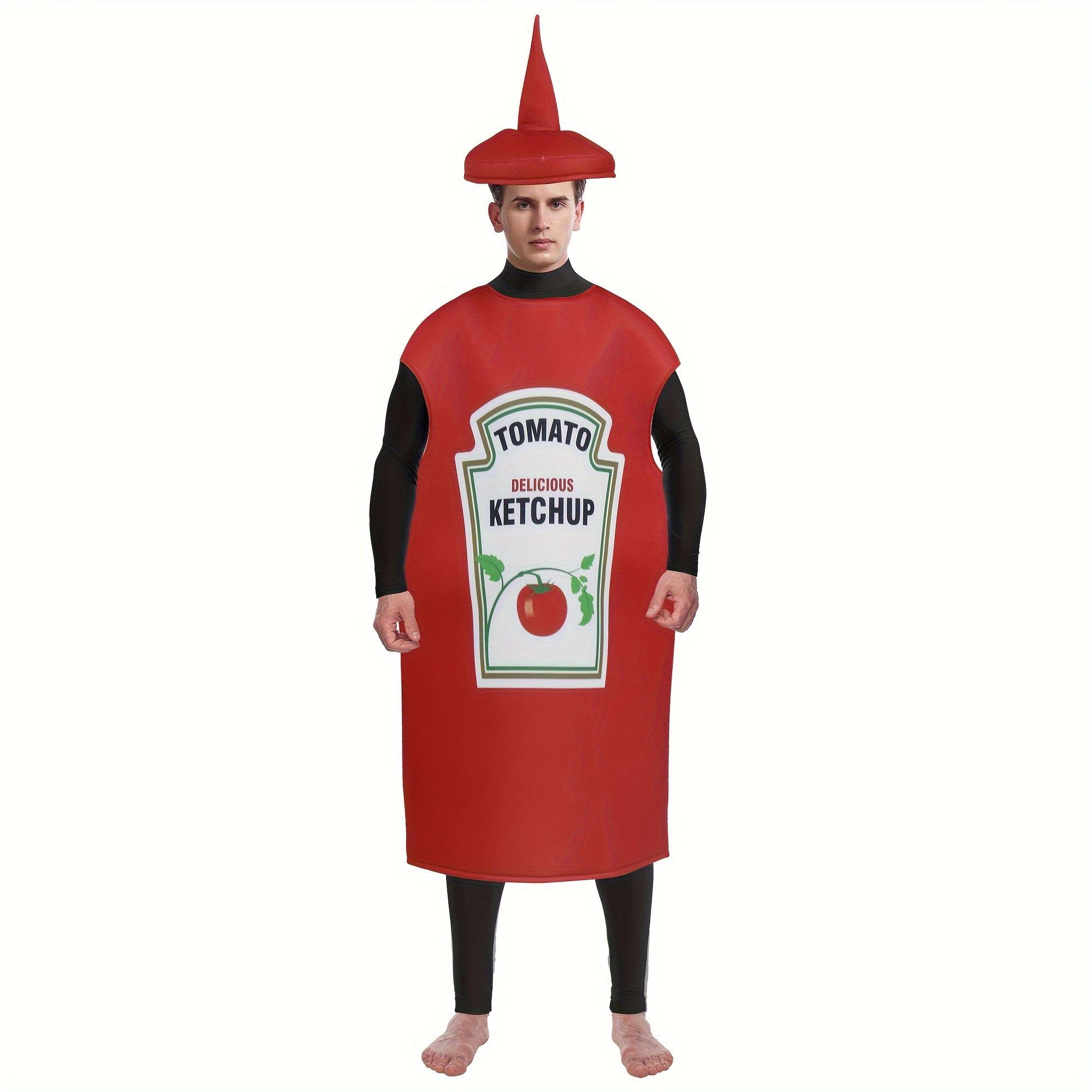 TEMU FUNNY Tomaten-Ketchup Kostüm – Rotes Polyesterkleid mit Senf-Design, Lässige Lebensmittel-Themenkostüme für Halloween, Maschinenwaschbar,