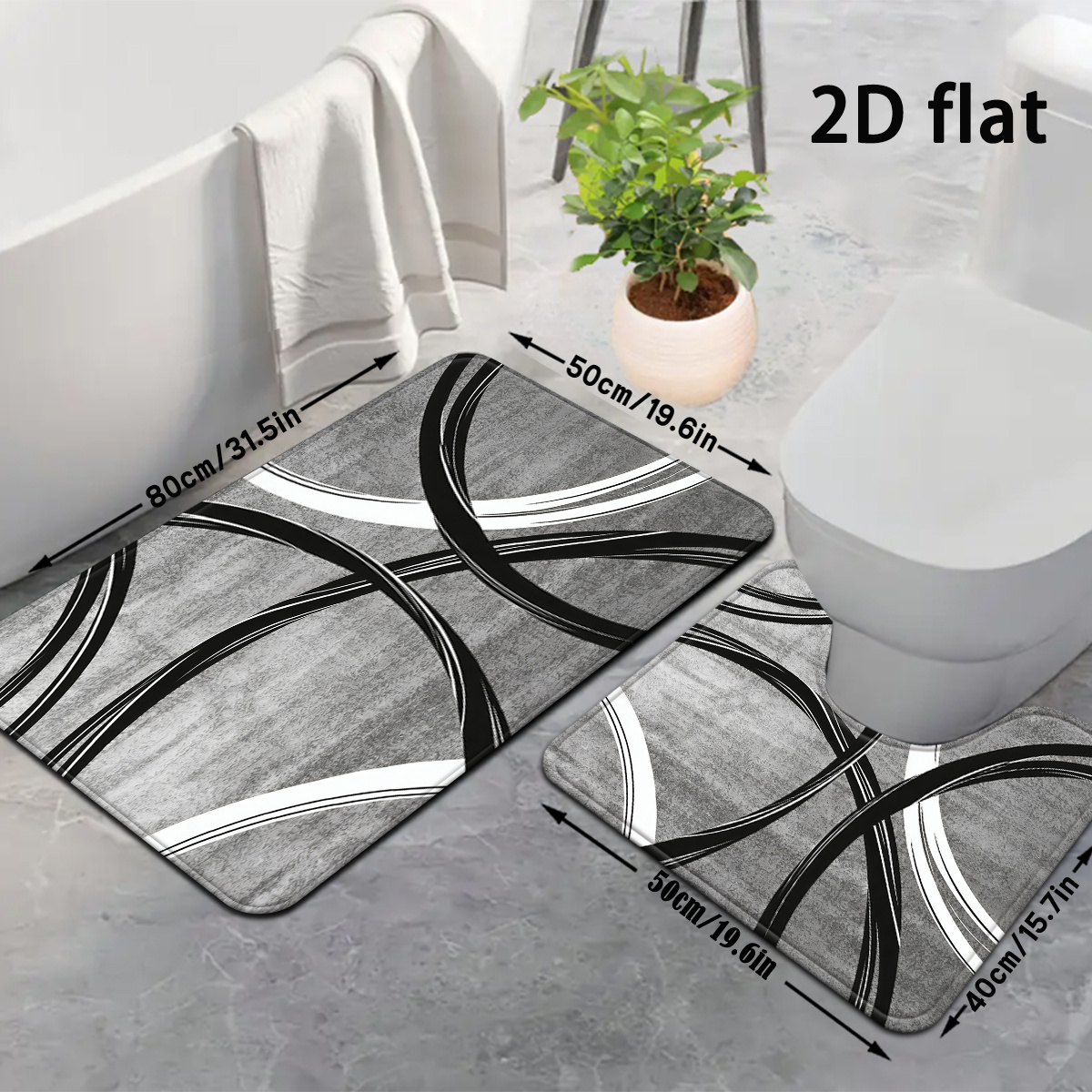 TEMU 2d Flat, 2d Flat, 2d Flat Printing 2pcs Black And White Abstract Circular Ring Bathroom Mats In A Modern Minimalist Art , Bathroom Mat Set,