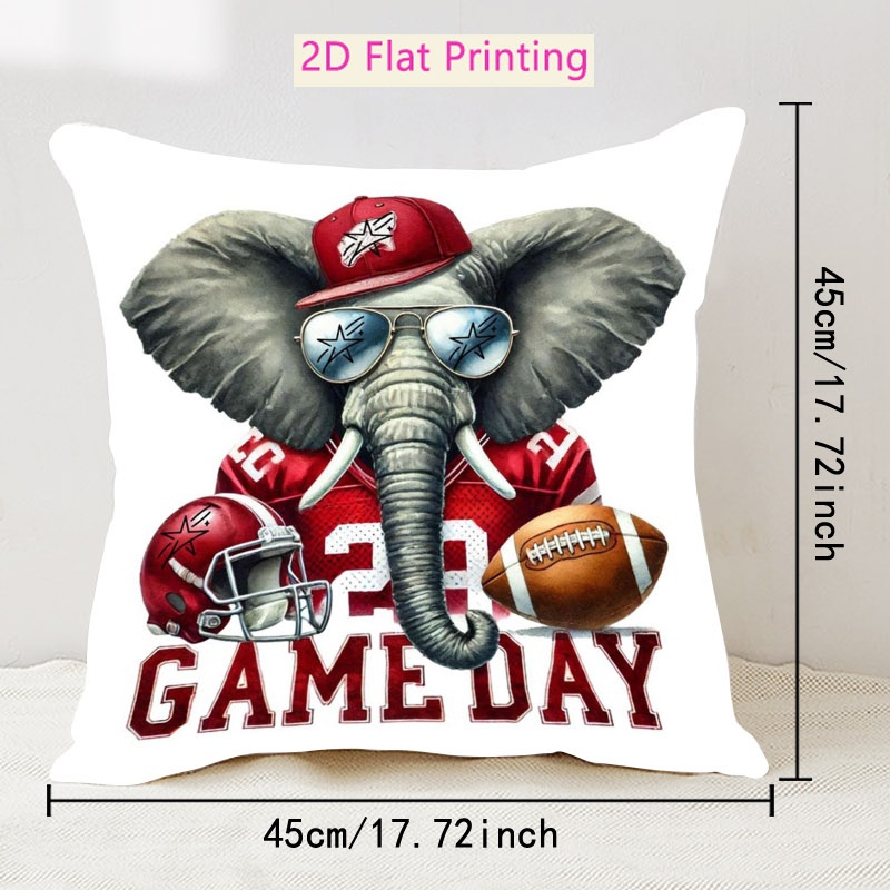 TEMU Football Game Day Elephant Print Throw Pillow Cover, 1pc 45x45cm Single-sided 2d Printed Micro-plush Pillowcase, Machine Washable,