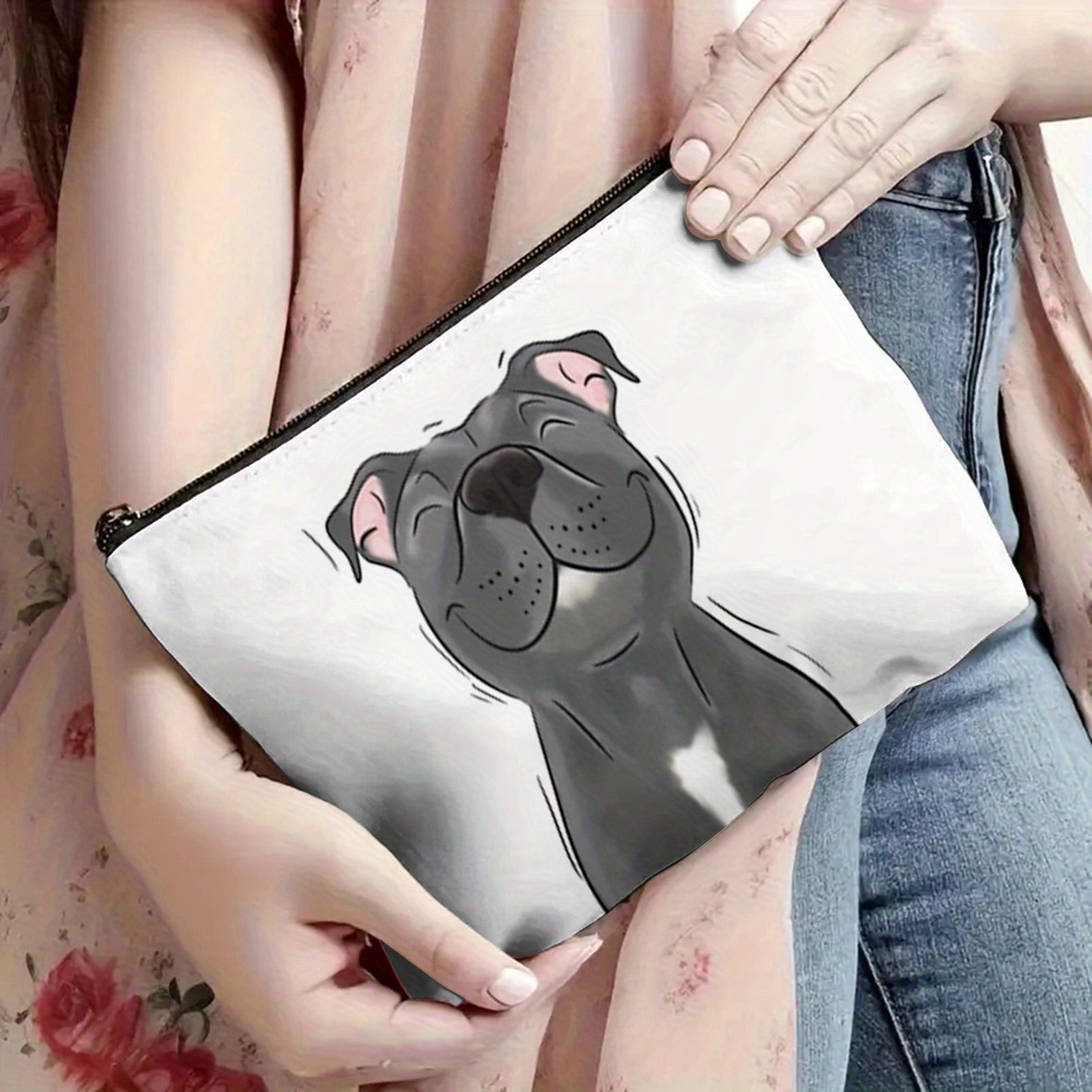 1pc Cute Smiling   Dog Makeup Bag - Minimalist Black, White & Gray Cosmetic Organizer with Staffordshire Bull Terrier Design - Compact Travel Toiletry Bag, Gym, School, Gift for Dog Lovers - by jolographics