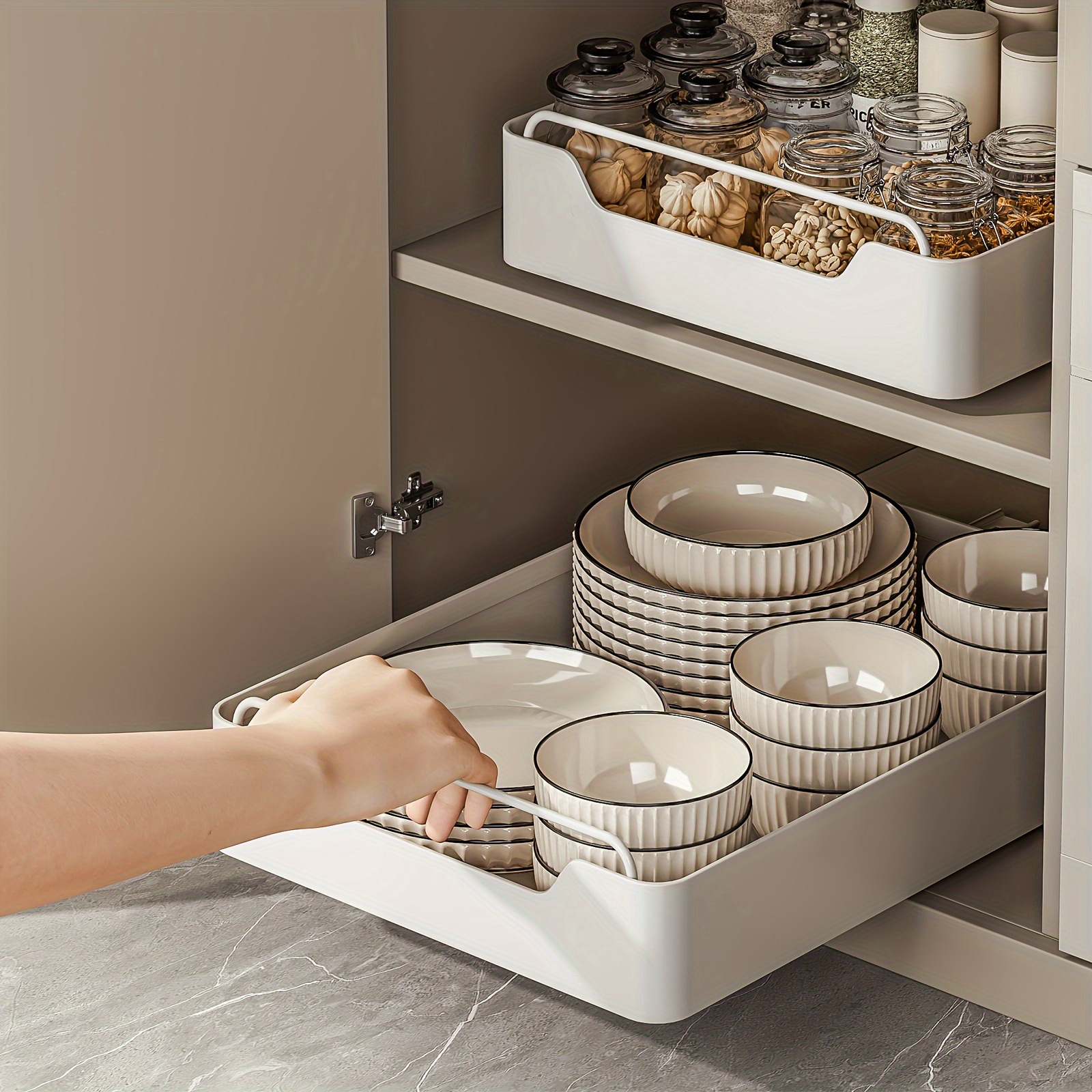 ausziehbarer schrank-organizer – einfache bohrfreie installation, abnehmbare langlebige metallkonstruktion, platzsparende aufbewahrung für küche, badezimmer, speisekammer schränke, leichtes vielseitiges design, weiß, küchen-organizer aufbewahrungsschränke, lackiertes  ,  , leicht zu