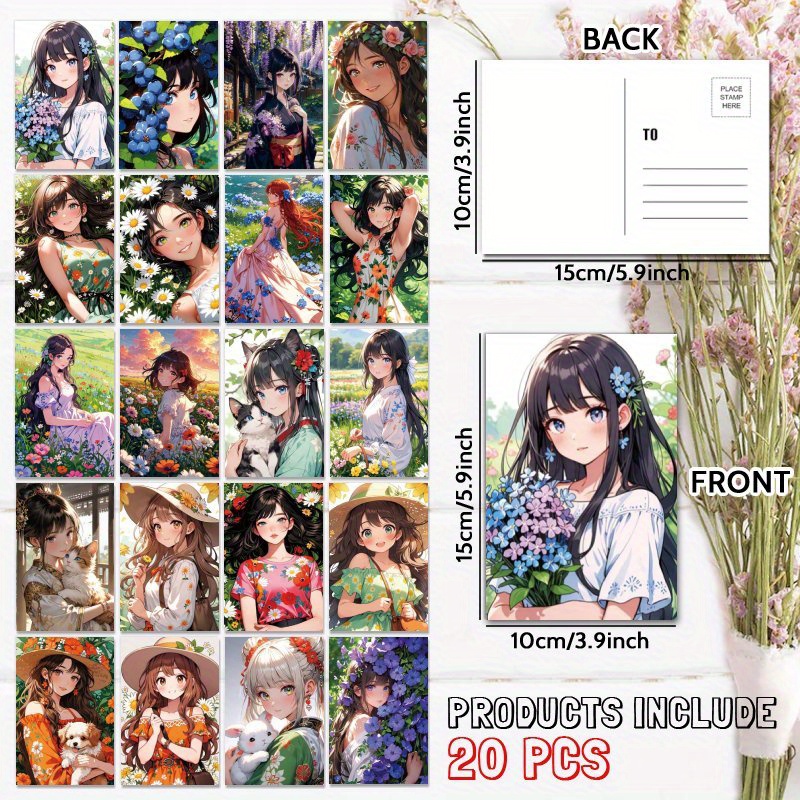 TEMU 20 Cartes Postales Magnifiques de Filles Anime, Style Thème Japonais - Cadeau pour Famille et Amis, Félicitations, Remerciements & Affirmations