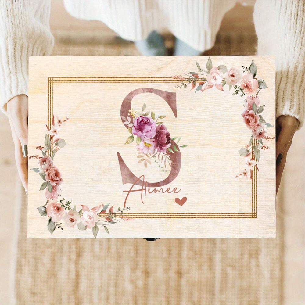 TEMU Customizable Name Or Text, Personalized Wooden Storage Box With Custom Name And Initials - Elegant Floral And Heart-shaped Cutout Design, With