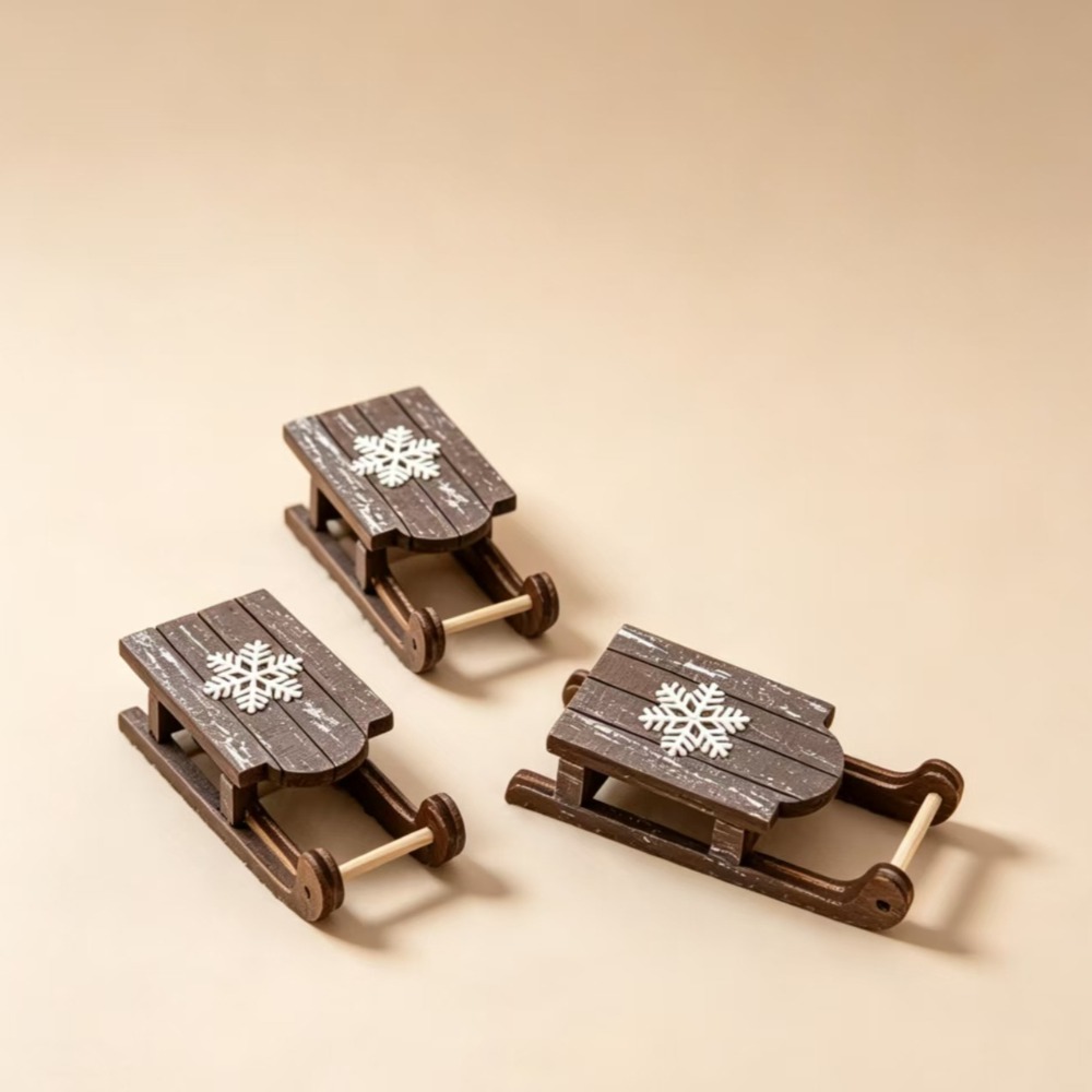 TEMU 3pcs Christmas Snowflake Wooden Sleigh Statues, Retro Wooden Brown Sleigh With White Snowflakes, Suitable For Holiday Decor, Christmas Tabletop