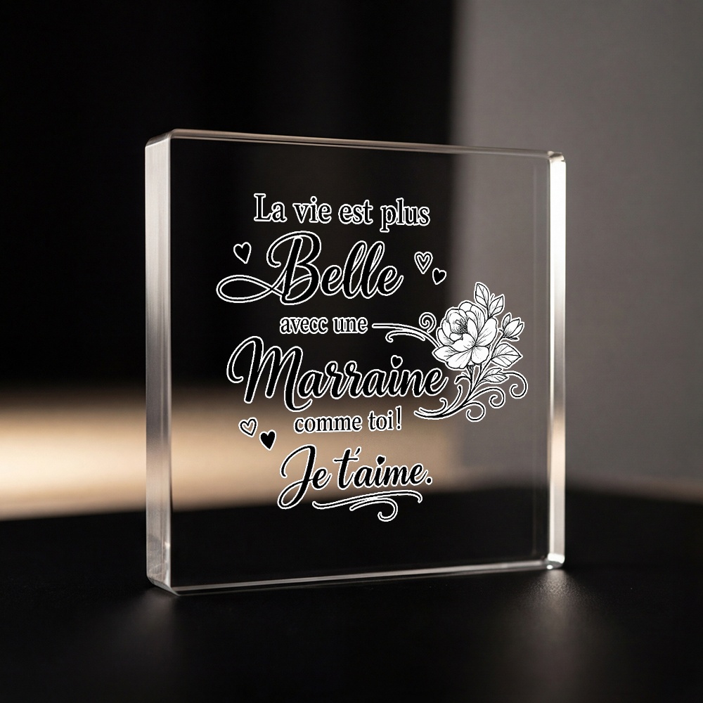 TEMU Plaque plate 2D Marraine Française - Centre de table carré en acrylique transparent avec cœur floral et française, convient pour cadeaux de