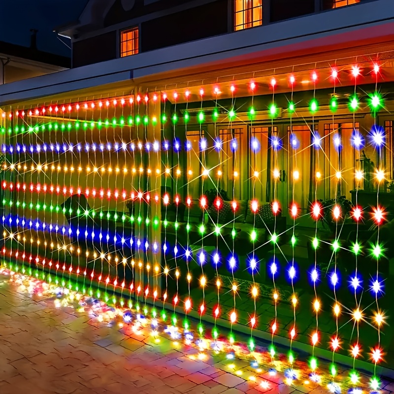 TEMU 200led Solar Curtain String Lights Outdoor, 9.8ft X 6.5ft Hanging Fairy Lights With Warm , Solar Powered Window Curtain Lights For Patio Garden
