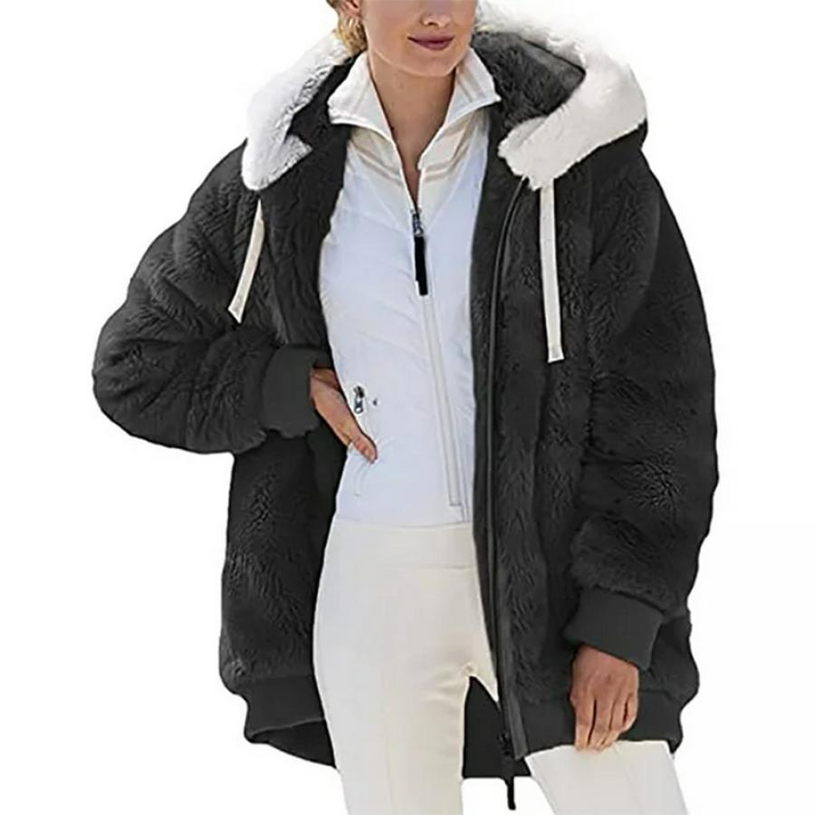 

1pc Women' Color Polyester Teddy Jacket - Hooded Long Sleeve Zip-up Casual Warm Outwear For Fall/winter