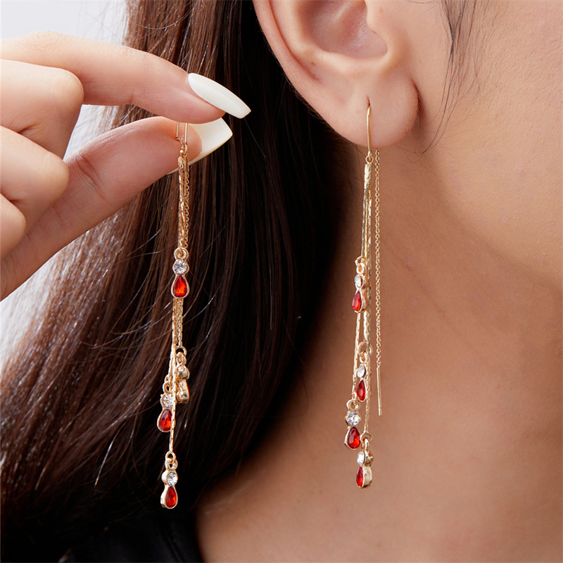 2pcs Exquisite Long Water Drop Synthetic Zirconia Ear Thread Earrings