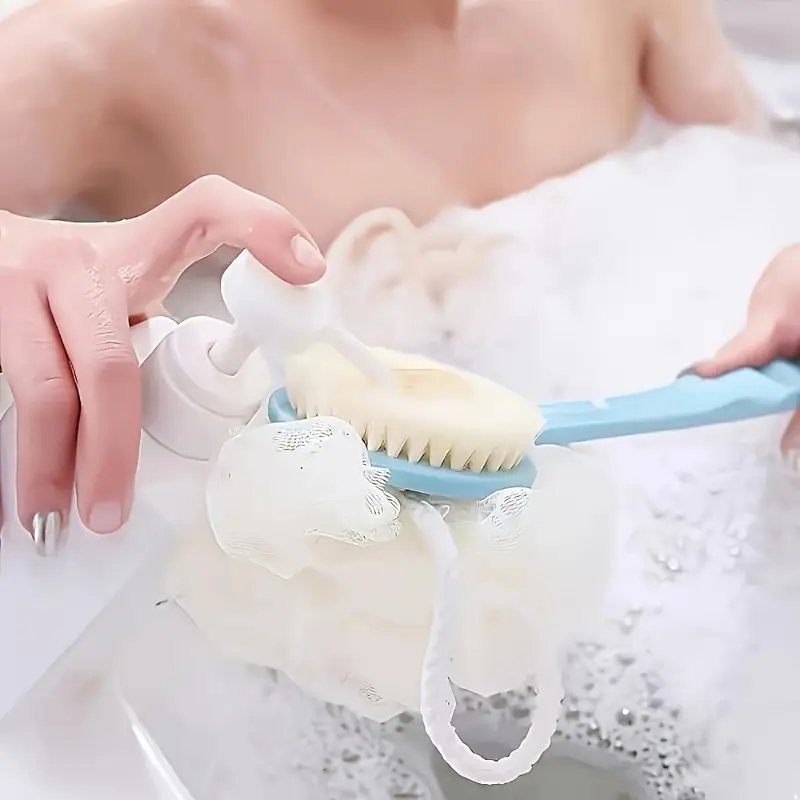 1 in 1 dual head back scrubber shower brush with soft towel long handle plastic bath brush for exfoliating back legs bristles ergonomic grip no battery needed bathroom essentials body cleaning accessory dualheaded design durable scrubbing tool sturdy construction skincare routine Product details 3