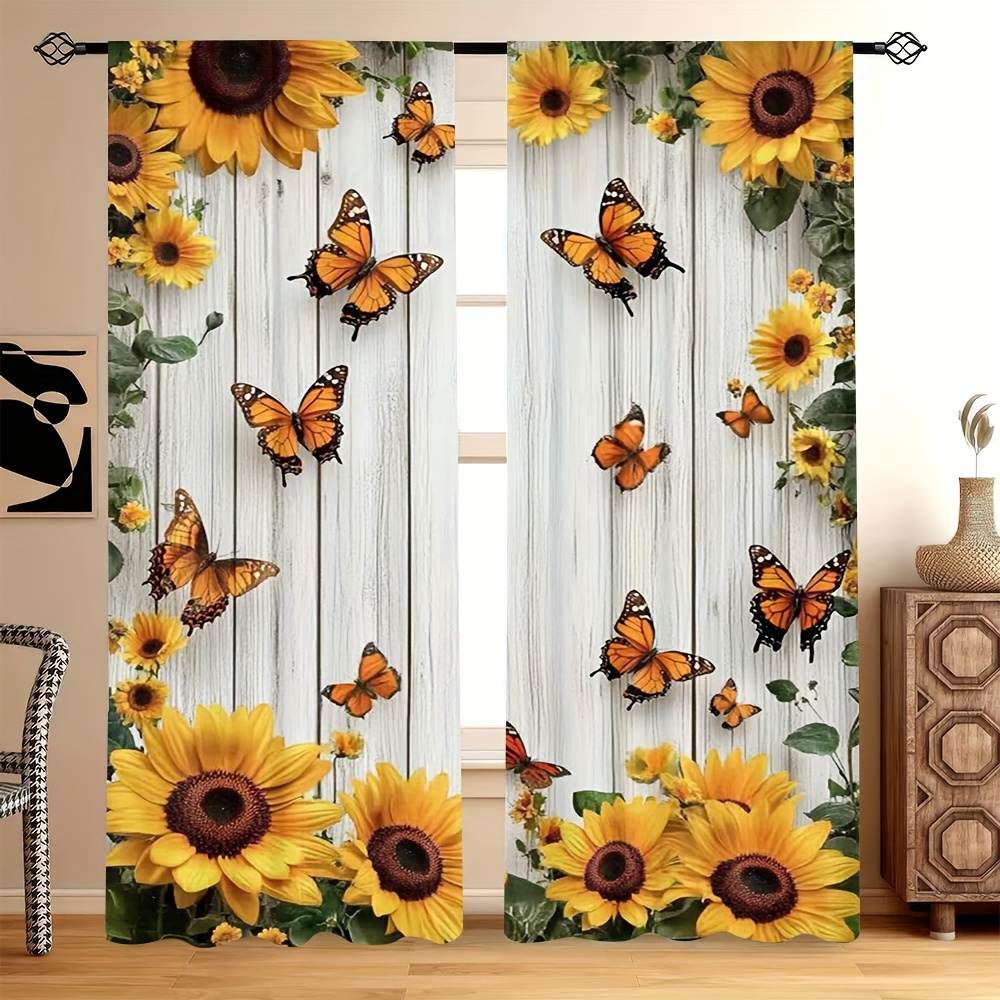 TEMU 2d Flat - 2d Flat - Premium Blackout Curtains Featuring A 2d Print Of Butterflies And Sunflowers, Perfect For Spring And Summer. Ideal For