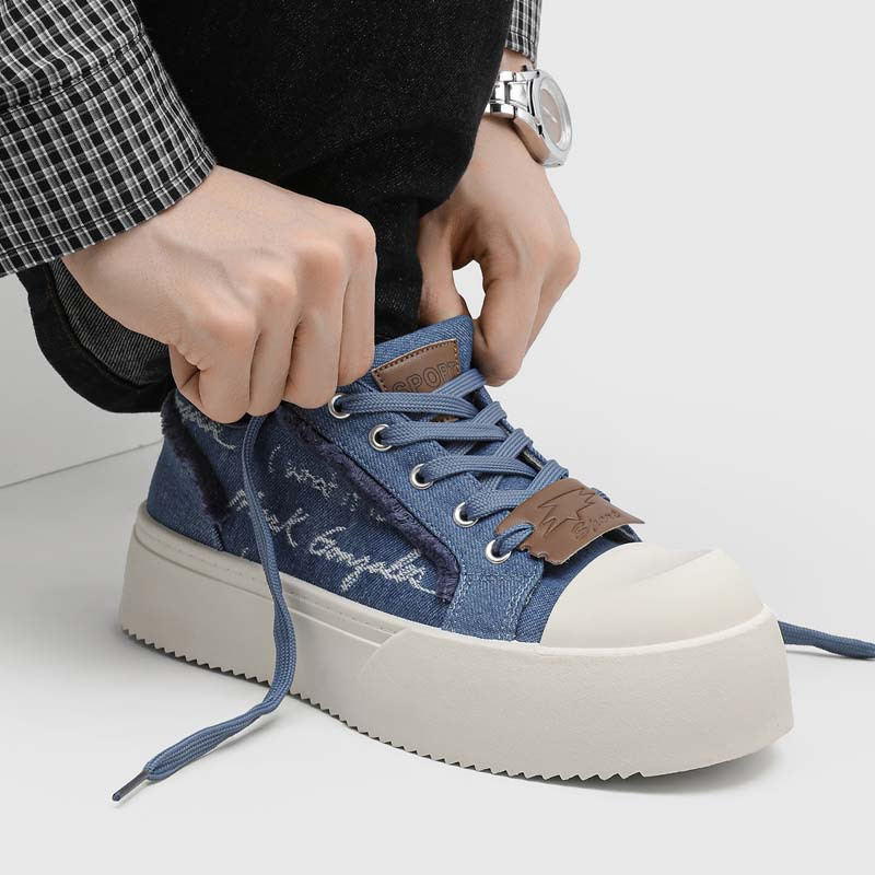 New Men's Vintage Denim Platform Shoes with Wide Toe Box