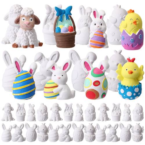 32pcs easter ceramic painting set for your own bunny figurines including 3d ceramic bunnies eggs chicks and sheep arts and crafts as easter basket fillers