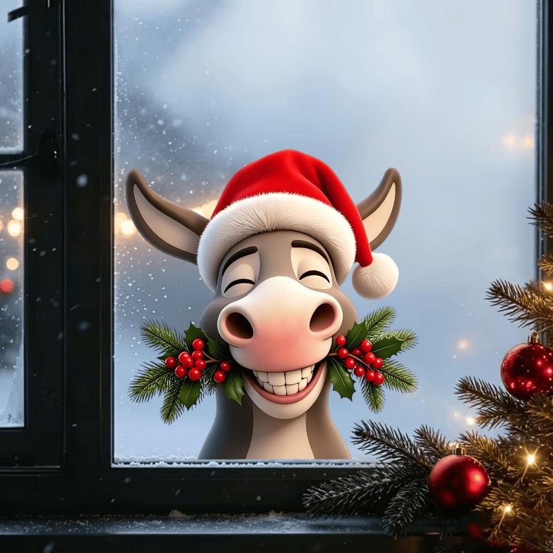 TEMU 2d Flat, Window Sticker 1pc 2d Flat Christmas Cartoon Donkey Window Decal, Wearing A Santa Hat With Holly Pattern, Easy-to-install Double-sided