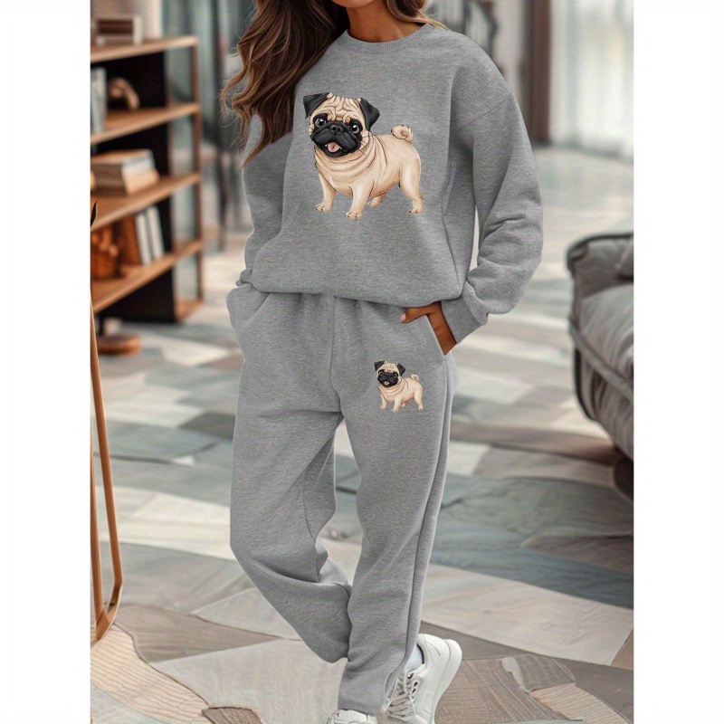 

Women's Casual Polyester Sweatshirt And Sweatpants Set, Adorable Pug Print, Crew Neck, Geometric Pattern, Knit Fabric, 250gsm, Fall/winter Collection