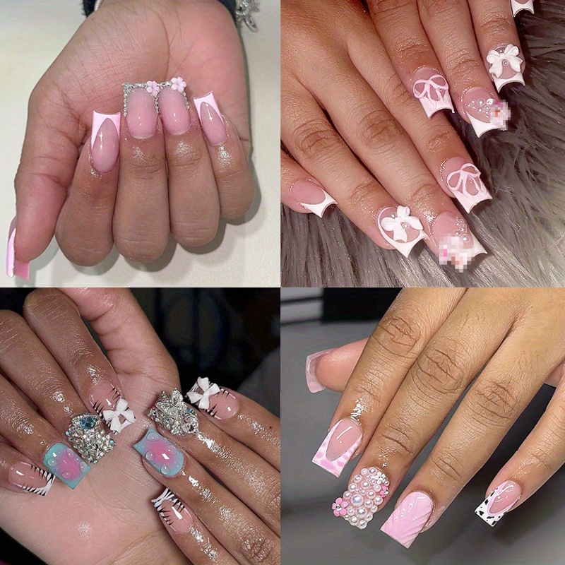 TEMU 96pcs (4pcs Set) Square Set With 3d , Medium Length - Pink, Suitable For Women And Girls, , , 3d Embossing, Nail Flakes