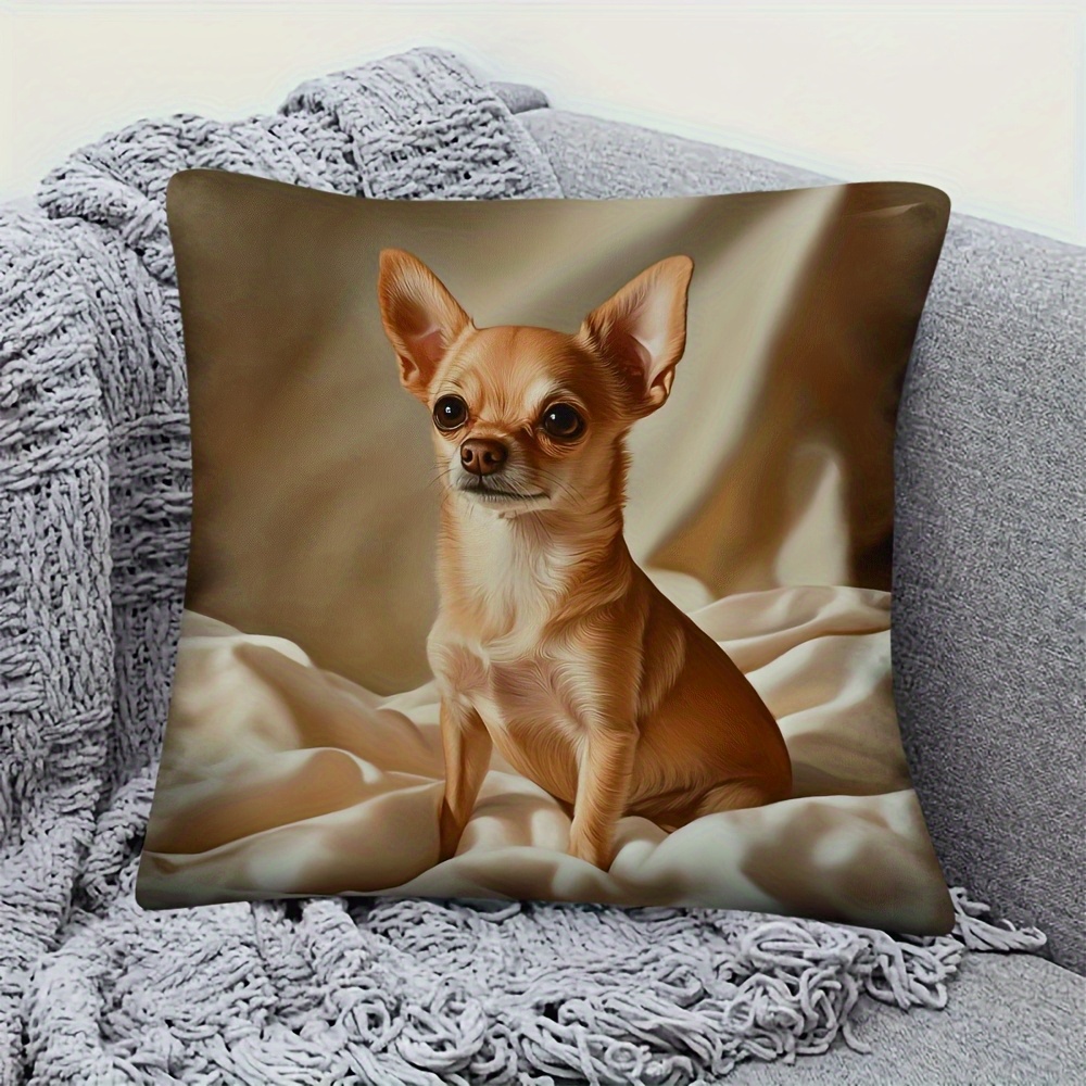 TEMU Retro Chihuahua Dog Pillow Cover - Realistic Brown Pattern, Zipper Closure, Machine Washable Short Fiber Polyester, Ideal For Pet Lovers' Home