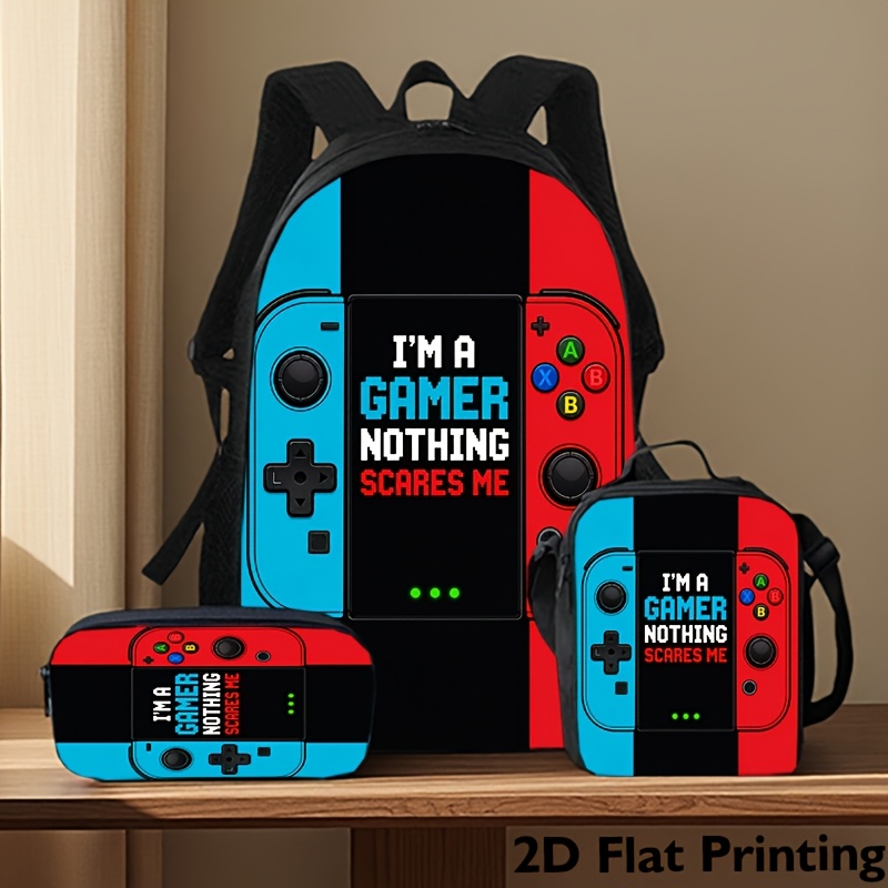 Image of 3pcs Game-themed Backpack Set (includes Pencil Case And Crossbody Bag) - Large Capacity, Laptop Compartment, Zipper Closure, Lightweight Design Suitable For Daily And Leisure Use, 2d Flat Printing