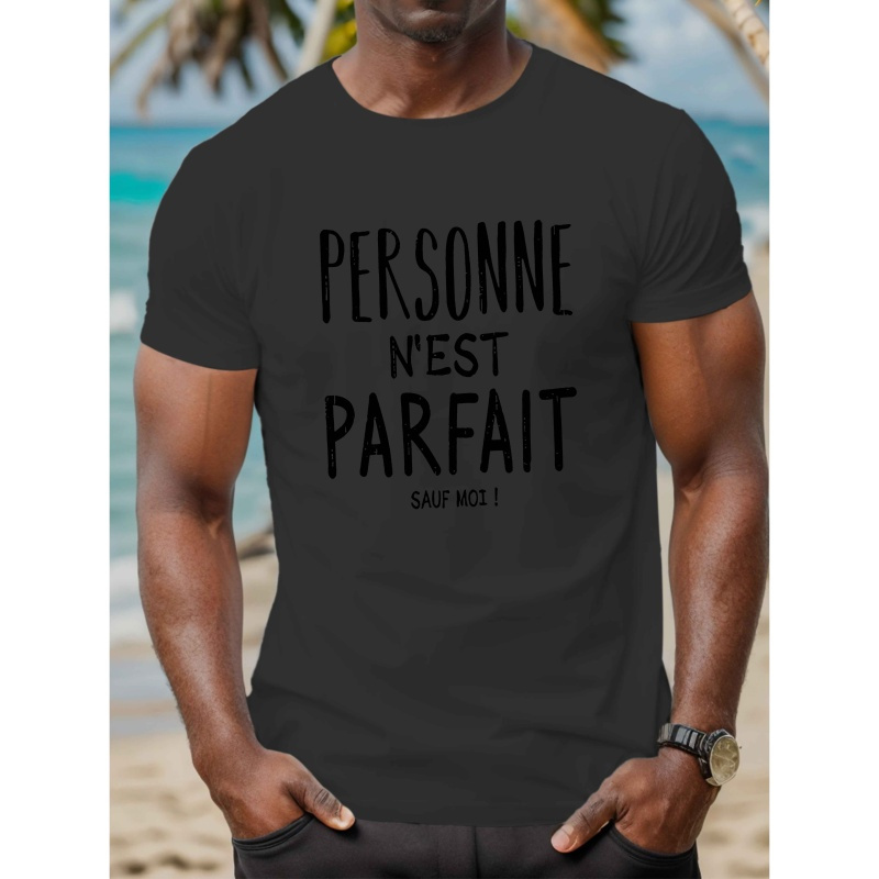 

T-shirt décontracté pour homme avec française, % polyester, col rond, motif géométrique, tissu tricoté légèrement extensible, coupe standard, haut d'été - 150 g/m²