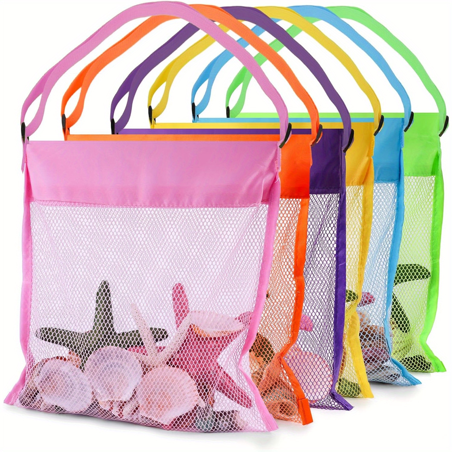 6 stück bunte netz-strandtaschen mit verstellbaren trägern - robuste polyester-strandmuschelsammlertaschen zum halten von muscheln, spielzeug und mehr -   für strandausflüge, schulfeldfahrten und outdoor-aktivitäten, outdoor-aktivitätsausrüstung | lebhafte aufbewahrungstaschen | netzmaterial, strandzubehör