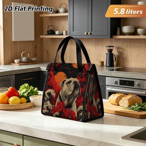 2d flat printing 1pc sunset bulldog with flowers print polyester insulated cooler bag portable thermal bag no food contact for office restaurant back to school 2d flat