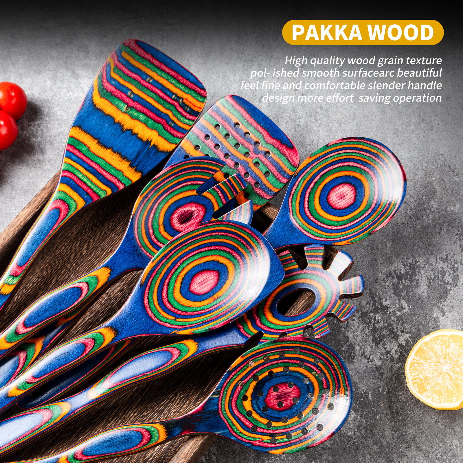 7pcs Pakkawood Blue Wooden Cooking Utensil & Spoon Set - Non-Stick Wood Kitchen Tools with Spatula, Slotted & Solid Spoons Suitable for /Outdoor Use, Holiday Gift (Christmas, Mother' Day)